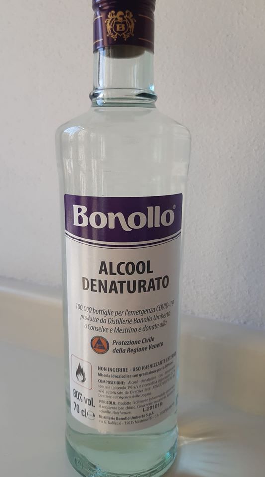 Bonollo regala alla Protezione Civile 100mila bottiglie di alcool denaturato