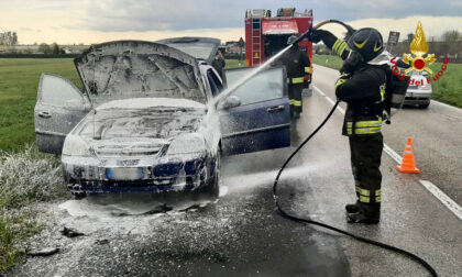 L'auto prende fuoco lungo la provinciale, il guidatore salta giù appena in tempo