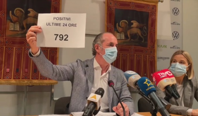 Zaia: “Contagi in aumento, zona bianca a rischio” | +792 positivi Covid| Dati 5 novembre 2021