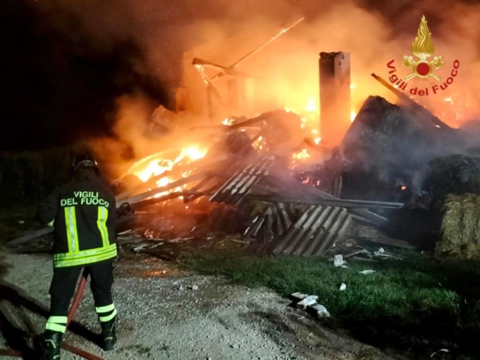 Inferno di fuoco nel fienile dell’azienda agricola a Gazzo: crollano il tetto e parte dei muri