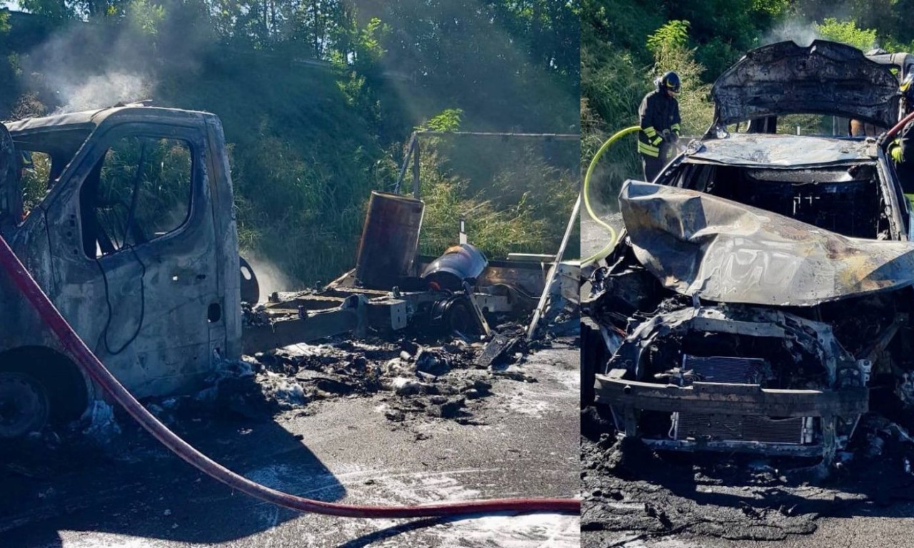 Scontro tra un furgone con fusti di alcol etilico e un’auto, i due veicoli vanno in fiamme